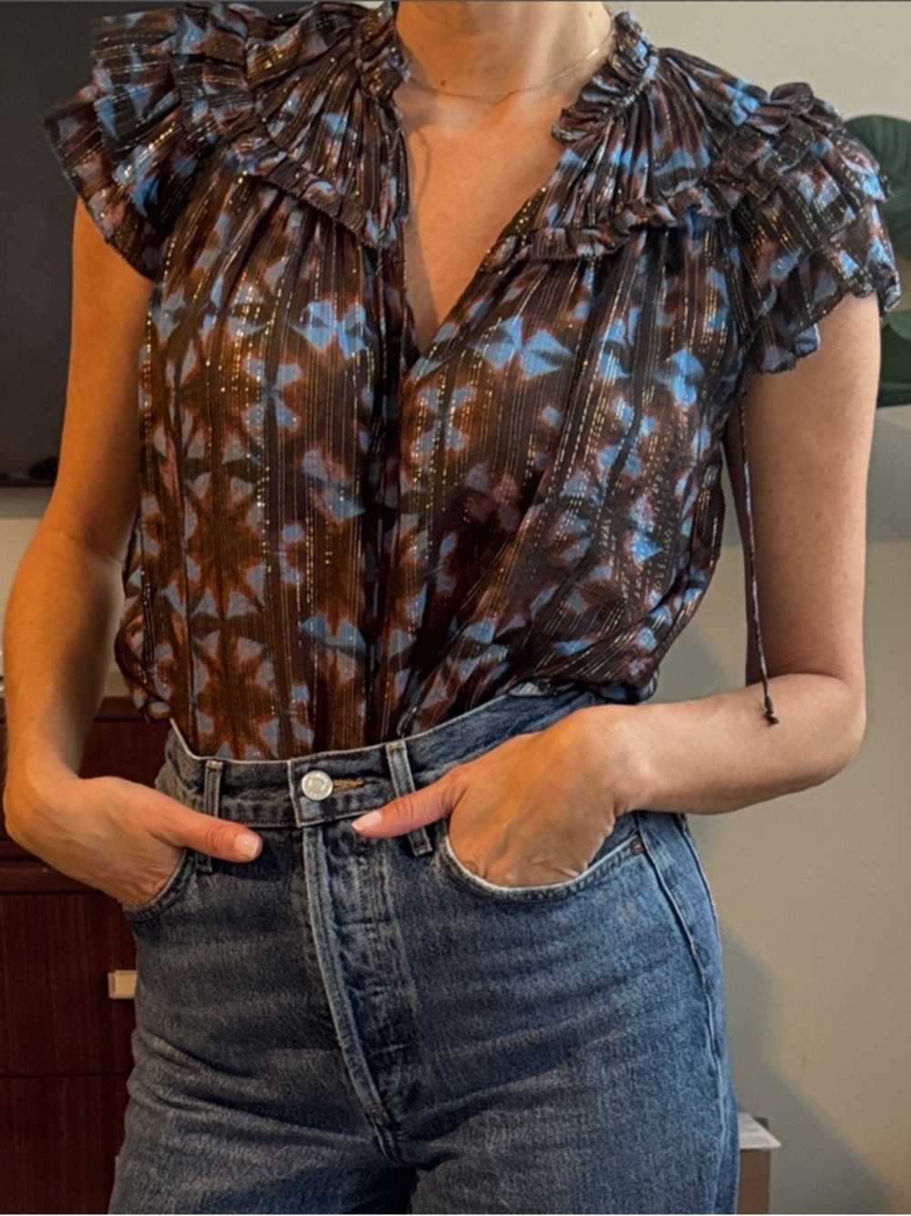 Ulla Johnson Brown and Blue Ruffle-Sleeve Blouse